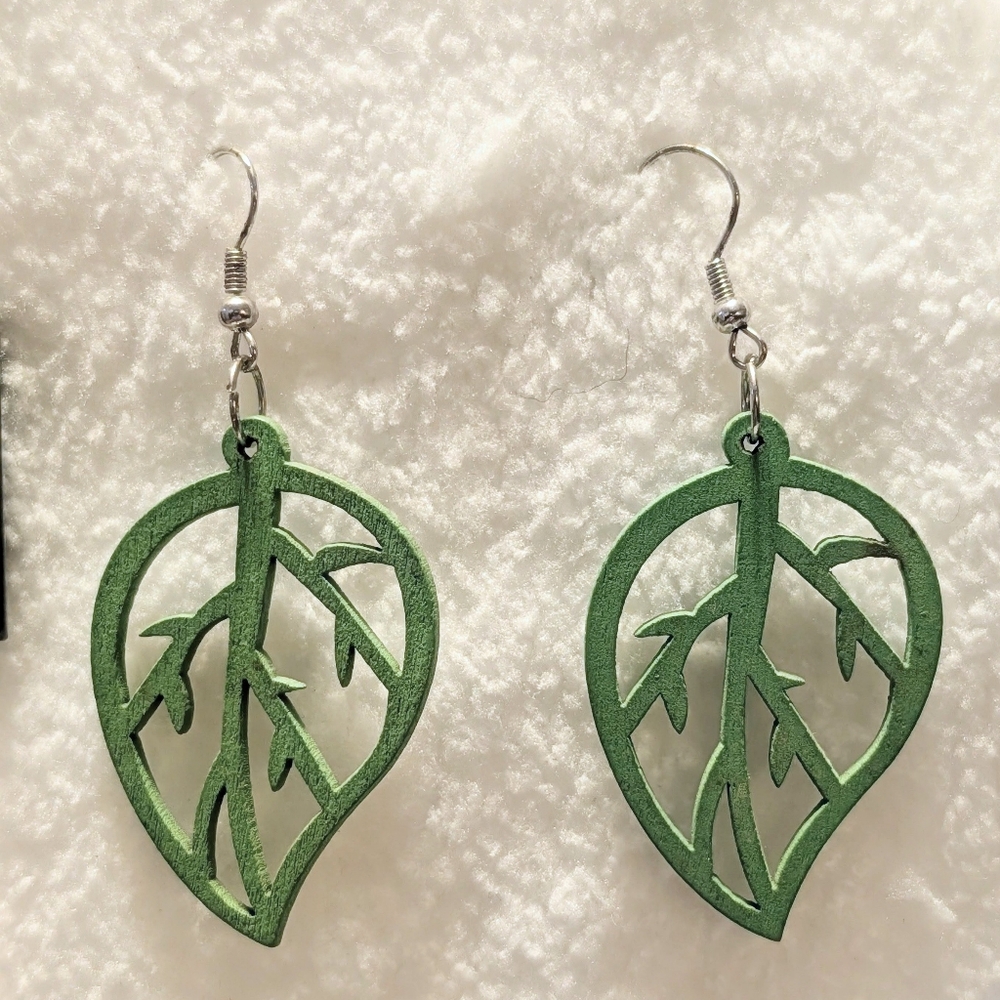Green Leaf Wooden Earrings